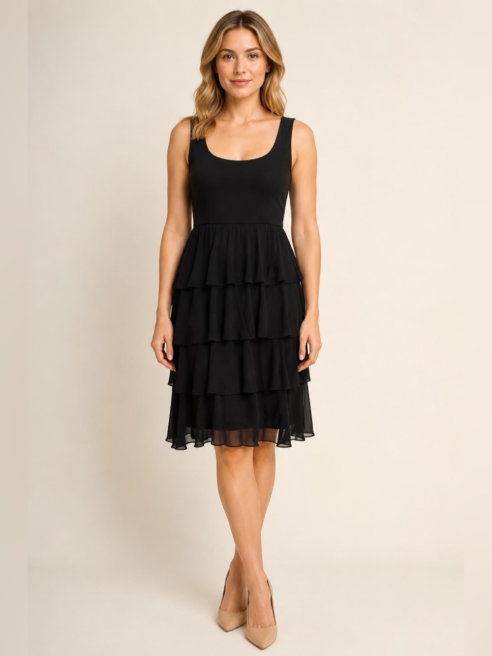 Tiana B Black Tiered Ruffle Sleeveless Cocktail Dress Size M